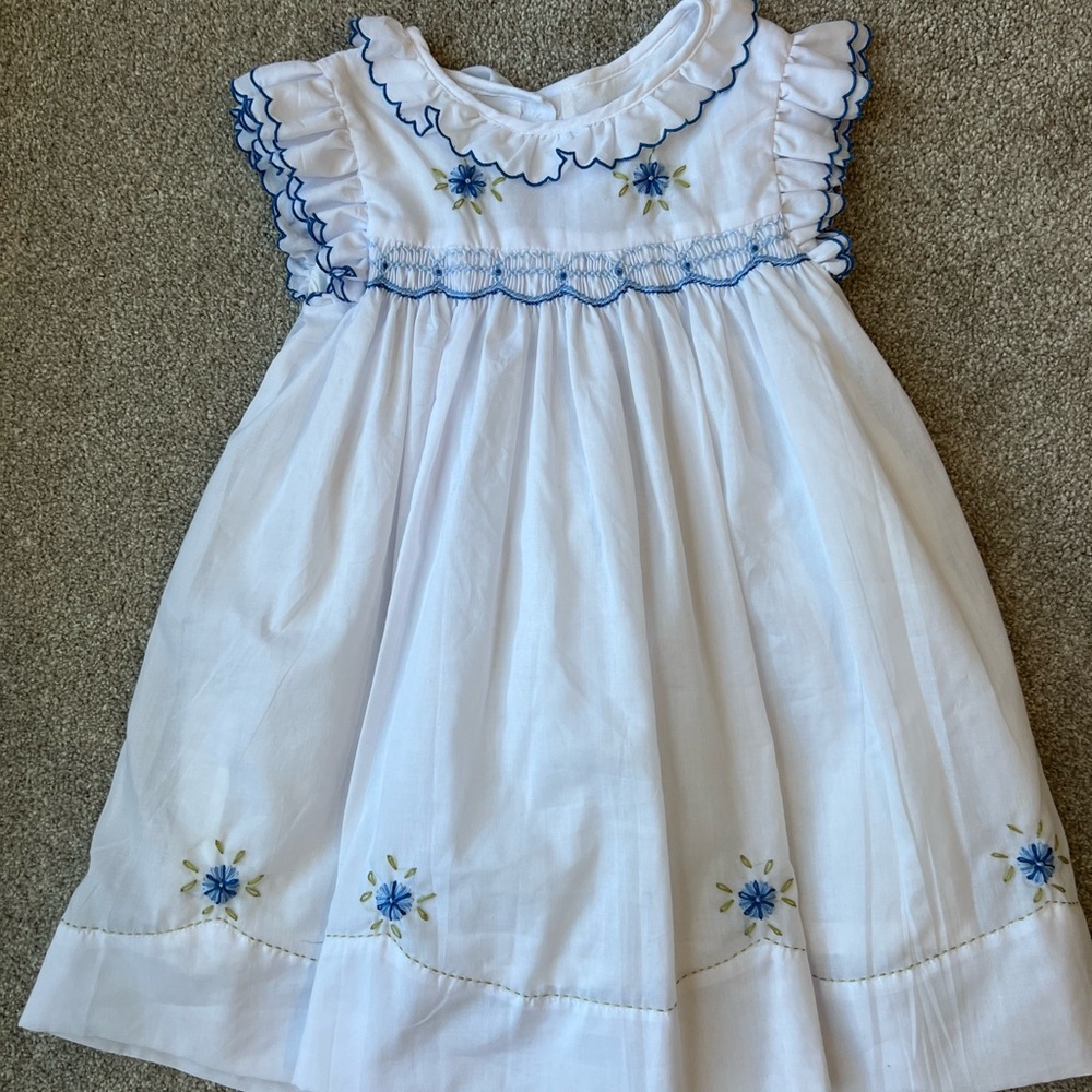 White and Blue Embroidered Kids Dress